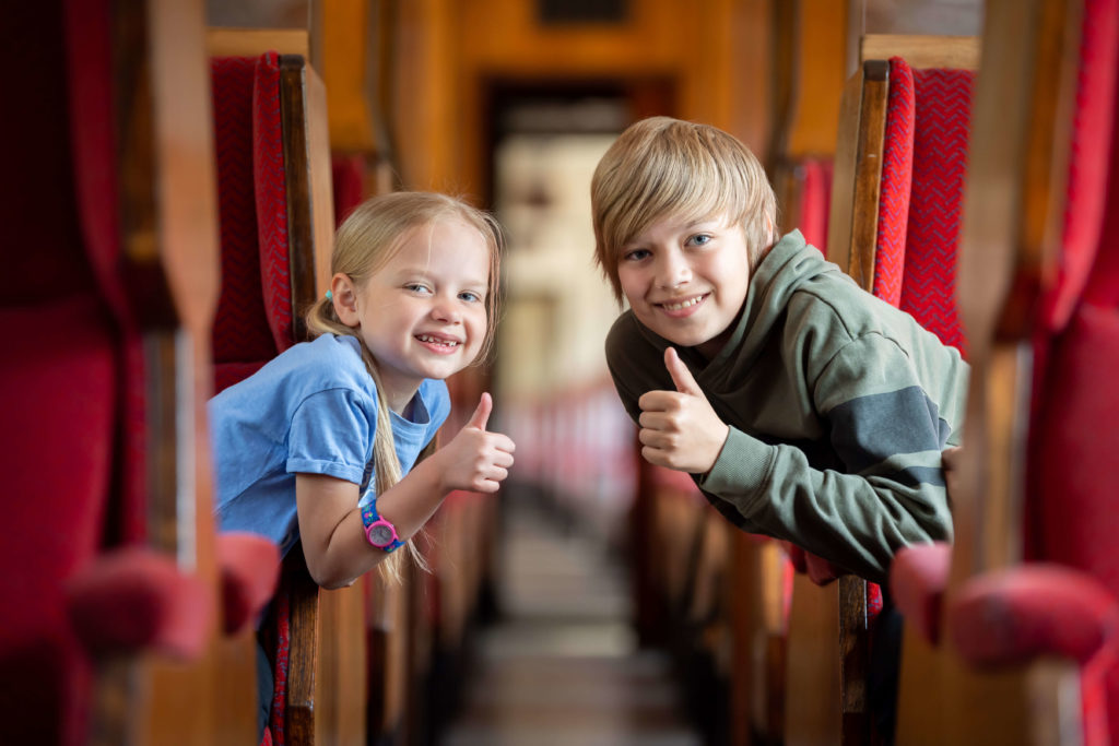 Children on a train on the East Lancashire Railway